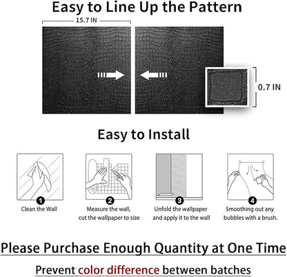 Black Crocodile Peel and Stick Wallpaper, 15.7" X 395", Embossed, Easy Peel Off, Self Adhesive, Removable, Textured, Waterproof, Scratch-Resistant, Straight Match, 43.07 sq ft, PVC, 1 Count