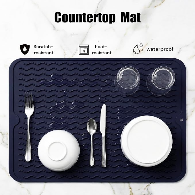 MicoYang Silicone Dish Drying Mat for Multiple Usage,Easy clean,Eco-friendly,Heat-resistant Silicone Mat for Kitchen Counter or Sink,Refrigerator or drawer liner Navy Blue L 16 inches x 12 inches