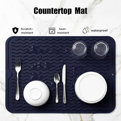 MicoYang Silicone Dish Drying Mat for Multiple Usage,Easy clean,Eco-friendly,Heat-resistant Silicone Mat for Kitchen Counter or Sink,Refrigerator or drawer liner Navy Blue L 16 inches x 12 inches