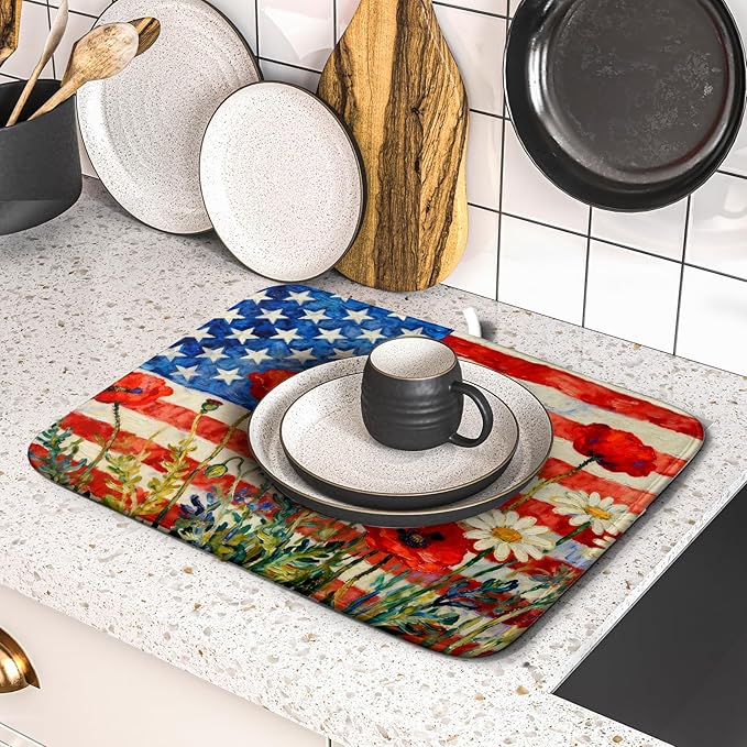 4th of July Patriotic Dish Drying Mat for Kitchen Counter 16x18 Red Blue White Floral American Flag Holiday Absorbent Reversible Microfiber Drying Mats Kitchen Countertop Protector Dishes Drainer Pad
