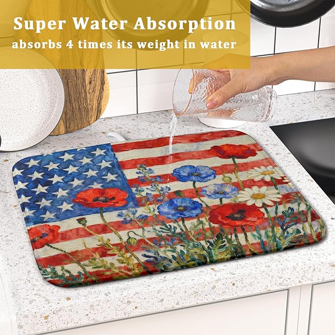 4th of July Patriotic Dish Drying Mat for Kitchen Counter 16x18 Red Blue White Floral American Flag Holiday Absorbent Reversible Microfiber Drying Mats Kitchen Countertop Protector Dishes Drainer Pad