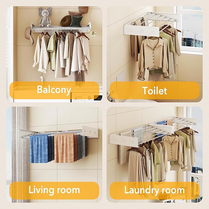 LIENAHU Upgrade Drying Rack Clothing,Clothes Drying Rack Wall Mounted,Laundry Drying Rack Wall Mount,Foldable,Collapsible,Retractable,6 Aluminium Poles,with Hooks,(White 35.5"