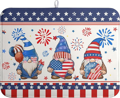 4th of July Dish Drying Mats for Kitchen Counter 18x24 In Memorial Independence Day Patriotic Gnome Stars Microfiber Drying Mat Fourth of July USA Super Absorbent Dish Rack Mat Drying Pad