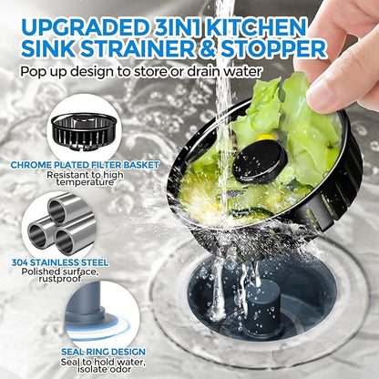 zaa Kitchen Sink Drain Strainer - Kitchen Sink Stopper, 304 Stainless Steel Sink Drain Stopper, Sink Protector for Kitchen with Anti-Clog Filter, Fit US Standard 3-1/2'' Sink Drain Hole, Black