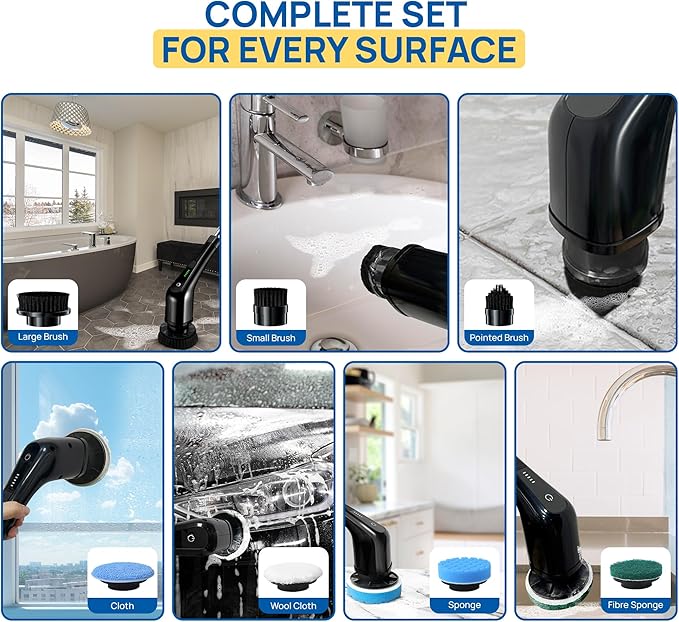 2025 Upgraded Electric Spin Scrubber – Shower Scrubber with Long Handle, Cordless Electric Cleaning Brush, 400 RPM Dual-Speed, IPX5 Waterproof, 90-Min Runtime, 8 Brush Heads for Powerful Cleaning