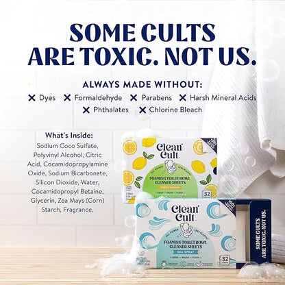 Cleancult Toilet Bowl Cleaner Sheets - Dissolvable, Septic Safe, Effective Cleaning, Removes Stains & Rings, Cleans & Deodorizes - 32 Uses - Fresh Lemon Scent - Plastic-Free Packaging,(Pack of 2)