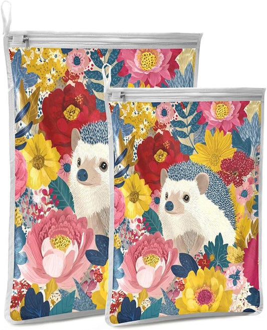 Mesh Laundry Bags Lingerie Bags for Washing Delicates 2 PCS Durable Wash Bag with Zipper Small and Medium Washable Garden Flowers Hedgehogs Colorful