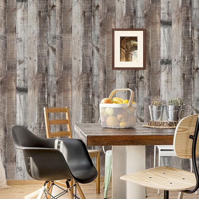 Livebor Gray Shiplap Peel and Stick Wallpaper Wood Contact Paper 17.7”x 120” Distressed Wood Wallpaper Peel and Stick Wooden Wall Gray Contact Paper Rustic Shiplap Plank for Walls and Countertops