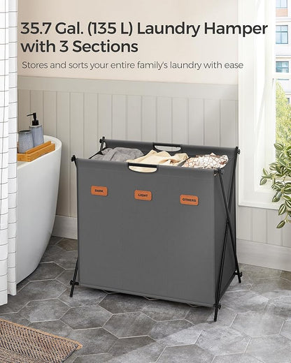 SONGMICS Laundry Hamper, Laundry Basket, 35.7 Gal. Laundry Sorter 3 Sections, Collapsible X-Frame, Clothes Organizer with Customizable Labels, Laundry Room, Bedroom, Bathroom, Slate Gray ULCB130G01