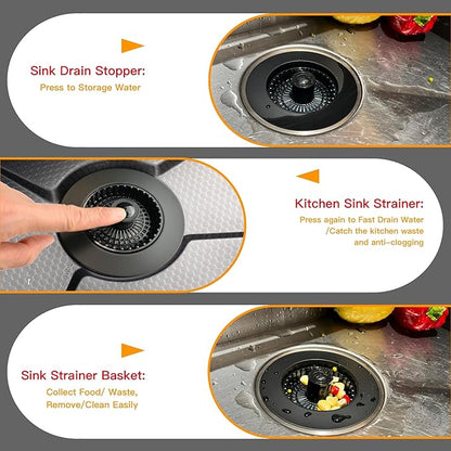 Kitchen Sink Drain Strainer 3 in 1, 304 Stainless Steel Pop Up Sink Stopper, Anti-Clogging Drain Stopper, Strainers for Kitchen, Drain Cover and Kitchen Accessories for US Standard Sink (Black)