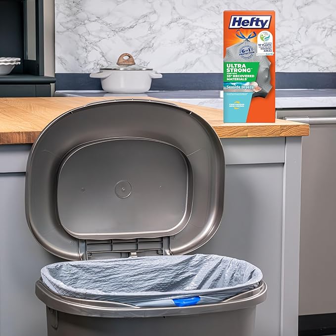 Hefty Ultra Strong 13 Gallon Trash Bags, Tall Kitchen Trash Bags Made with Recovered Materials, Including Coastal Plastic, Drawstring, Resists Leaks and Punctures, Gray, Seaside Breeze Scent, 40 Bags