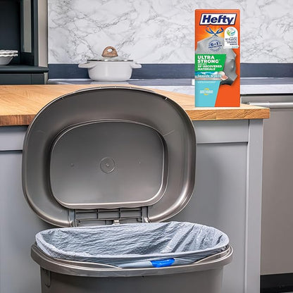 Hefty Ultra Strong 13 Gallon Trash Bags, Tall Kitchen Trash Bags Made with Recovered Materials, Including Coastal Plastic, Drawstring, Resists Leaks and Punctures, Gray, Seaside Breeze Scent, 40 Bags