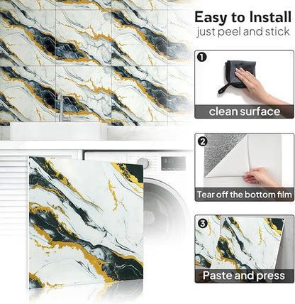 2.4mm Thick Marble Peel and Stick Wall Panels, Self-Adhesive Waterproof Wallpaper for Kitchen Backsplash, Bathroom Wall Decor, 30 Sheets