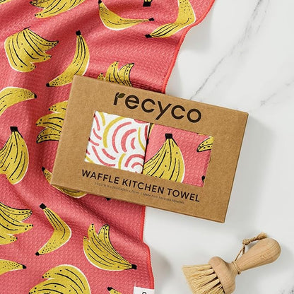 RECYCO Waffle Kitchen Towel Set of 2 - Quick Dry Microfiber Sustainable Dish Towels - Ultra Absorbent Reusable Cleaning Tea Towels - Lightweight Hand Towels,16”x 28”, Banana Joy