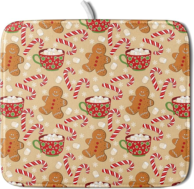 Christmas Gingerbread Man Dish Drying Mat for Kitchen Counter 16x18 Xmas Candy Cane Winter Holiday Theme Absorbent Reversible Microfiber Drying Mats Kitchen Countertop Protector Dishes Drainer Pad