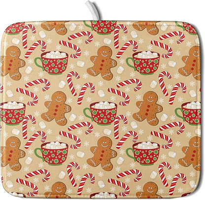 Christmas Gingerbread Man Dish Drying Mat for Kitchen Counter 16x18 Xmas Candy Cane Winter Holiday Theme Absorbent Reversible Microfiber Drying Mats Kitchen Countertop Protector Dishes Drainer Pad