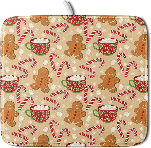 Christmas Gingerbread Man Dish Drying Mat for Kitchen Counter 16x18 Xmas Candy Cane Winter Holiday Theme Absorbent Reversible Microfiber Drying Mats Kitchen Countertop Protector Dishes Drainer Pad