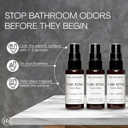 Muse Apothecary Flush Ritual - Aromatic & Refreshing Toilet Spray, Use Before You Go, Infused with Natural Essential Oils - Aloe + Eucalyptus + Lavender - Travel Size Mini Collection, 0.45 oz, 3 Pack