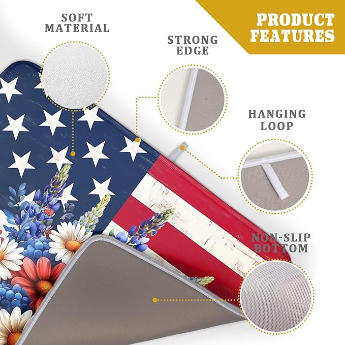 4th of July Patriotic Flower Dish Drying Mat for Kitchen Counter,American Flag Independence Day Drying Mat 18 x 24 Inch with High Absorbent Microfiber Drainer Mat for Coffee Bar