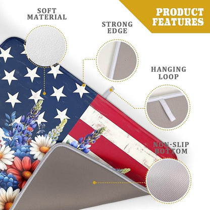 4th of July Patriotic Flower Dish Drying Mat for Kitchen Counter,American Flag Independence Day Drying Mat 18 x 24 Inch with High Absorbent Microfiber Drainer Mat for Coffee Bar