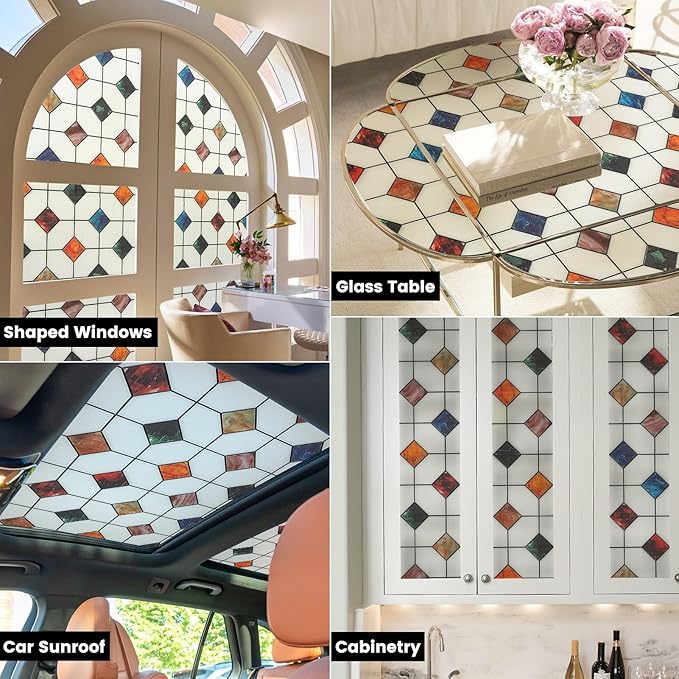 DKTIE Stained Glass Window Film Geometric Patterns, Fine Frosted Window Clings for Glass Windows, Waterproof for Bathroom Window Privacy Film Day and Night (S533, 17.7in X 78.7in)