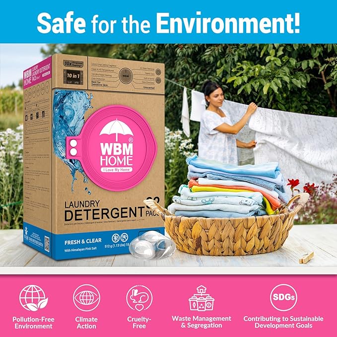 WBM Home Laundry Detergent Pods, 32 Count | Fresh & Clear Unscented | Laundry Pods 10x Ultrapower Cleaning With Color Protection and Eco-Friendly Packaging