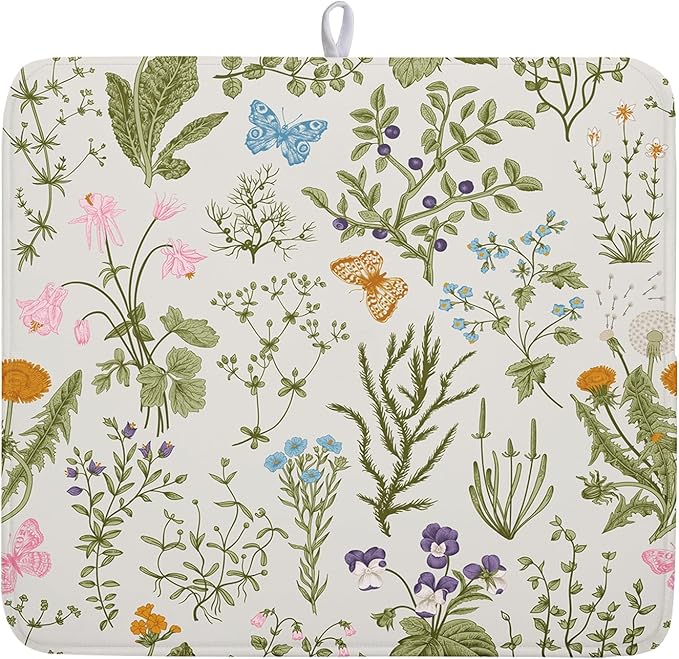 Kawani Wild Flowers Plant Dish Drying Mats for Kitchen Counter 16x18 Inch,Sage Herbs Kitchen Drying Mat,Botanical Plant Dishes Pad Dish Drainer Rack Mats Absorbent Fast Dry Kitchen Accessories