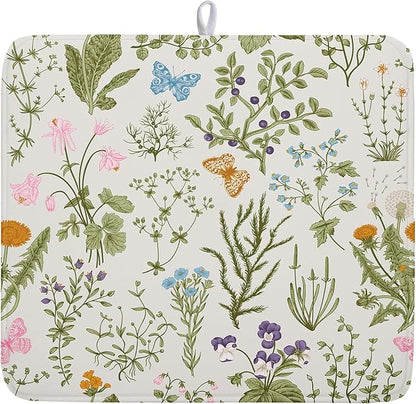 Kawani Wild Flowers Plant Dish Drying Mats for Kitchen Counter 16x18 Inch,Sage Herbs Kitchen Drying Mat,Botanical Plant Dishes Pad Dish Drainer Rack Mats Absorbent Fast Dry Kitchen Accessories