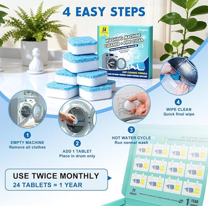 Washing Machine Cleaner Tablets and Deodorizer: 24 Pack Laundry Machine Tub Descaler Cleaner, Deep Cleaning Household Pods for HE Front Loader Top Load Washer, Septic-Safe Eco-Friendly - 1 Year Supply