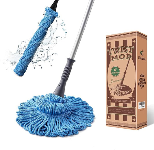 Eyliden Mop with 2 Reusable Microfiber Heads, Easy Wringing Twist Mop, 57.5 inch Long Handle, Wet Mops for Floor Cleaning, Commercial Household Clean Hardwood, Vinyl, Tile, and More (Blue)