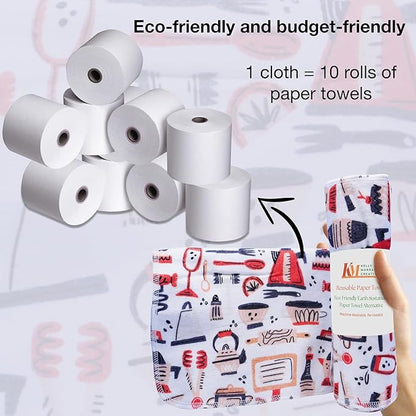 Pack of 10 Reusable Paper Towels | 10x10 Inch Cotton Towels | Kitchen Utensils Print | Eco Friendly, Washable, Quick Drying | Sustainable Cleaning Cloths | Kitchen Utensils