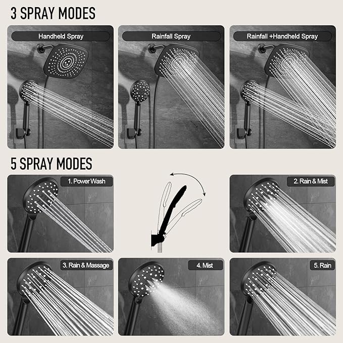 Veken Rain Shower Head with Handheld, High Pressure Rainfall Showerhead Combo with 5 Handheld Water Spray Modes for Bathroom Accessories, Home Decor, Detachable Dual Shower Heads, Matte Black, 10 Inch