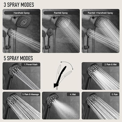 Veken Rain Shower Head with Handheld, High Pressure Rainfall Showerhead Combo with 5 Handheld Water Spray Modes for Bathroom Accessories, Home Decor, Detachable Dual Shower Heads, Matte Black, 10 Inch