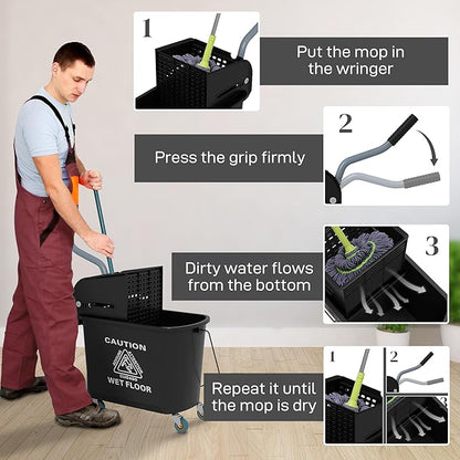 HOMCOM Commercial Mop Bucket with Side Press Wringer on Wheels for Floor Cleaning, 21 Quart, Separate Dirty and Clean Water, for Home Apartment Small Business and Office, Black