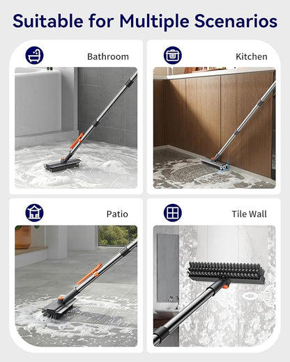 Small Floor Scrub Brush with Length Adjustable Long Handle, 3 in 1 Heavy-Duty Stiff Bristle Scrubber Brush with Squeegee and Tweezer for Cleaning Bathroom, Tile, Deck, Patio, Garage and Kitchen
