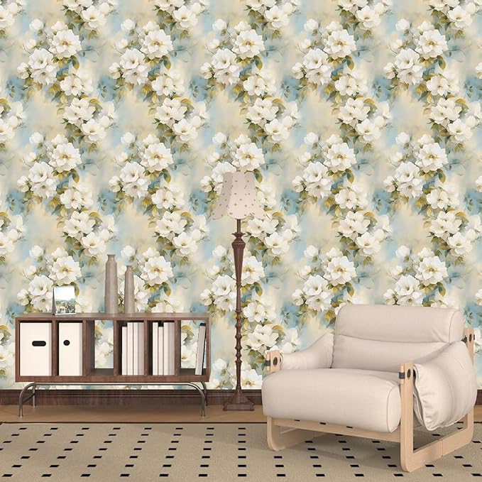 Floral Wallpaper Peel and Stick Vintage Beige Flowers Contact Paper Vinyl Waterproof Self Adhesive Removable Green leaf Modern Wall Murals for Bedroom Walls Shelves Cabinet Decoration 17.5" X 118"