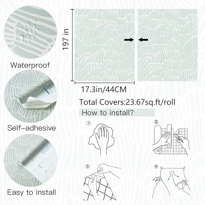 Guvana Green Wallpaper Peel and Stick Modern Sage Green and White Contact Paper Coastal Tropical Wallpaper Boho Striped Removable Waterproof Wall Paper for Bathroom Laundry Room Accent Wall 17.3"×197"