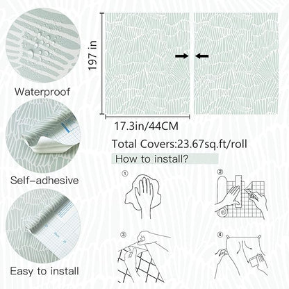 Guvana Green Wallpaper Peel and Stick Modern Sage Green and White Contact Paper Coastal Tropical Wallpaper Boho Striped Removable Waterproof Wall Paper for Bathroom Laundry Room Accent Wall 17.3"×197"