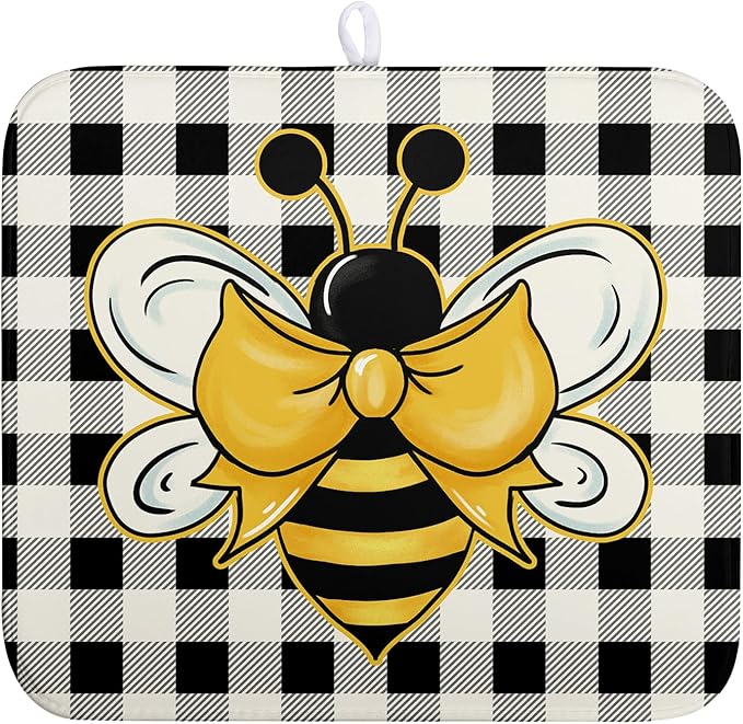 Summer Bumble Bee Drying Mat for Kitchen Counter 16×18 Inch Black White Buffalo Check Honey Bee Print Dish Drying Mats Kitchen Accessories Dish Rack Mat