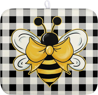 Summer Bumble Bee Drying Mat for Kitchen Counter 16×18 Inch Black White Buffalo Check Honey Bee Print Dish Drying Mats Kitchen Accessories Dish Rack Mat