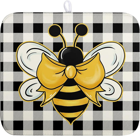 Summer Bumble Bee Drying Mat for Kitchen Counter 16×18 Inch Black White Buffalo Check Honey Bee Print Dish Drying Mats Kitchen Accessories Dish Rack Mat