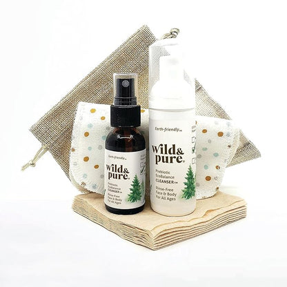 Wild & Pure Sensitive Skin Travel Size Body Wash Set (1.7Oz Foam, 0.9Oz Spray + wipes) | Cleanser, Deodorizer, Moisturizer | pH-Balanced, Microbiome-Friendly | EcoBalance Refillable Skincare