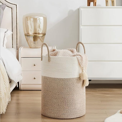 YOUDENOVA Woven Rope Laundry Hamper Basket, 58L Tall Laundry Basket, Baby Nursery Hamper for Blanket Storage in Bedroom-Large-Brown
