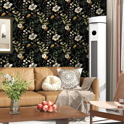 Laatse Green Wallpaper Peel and Stick Vintage Dark Black Floral Wallpaper Waterproof Self Adhesive Removable Boho Leaf Wall Paper Modern for Bedroom Walls Drawer Cabinet 17.5in x118in