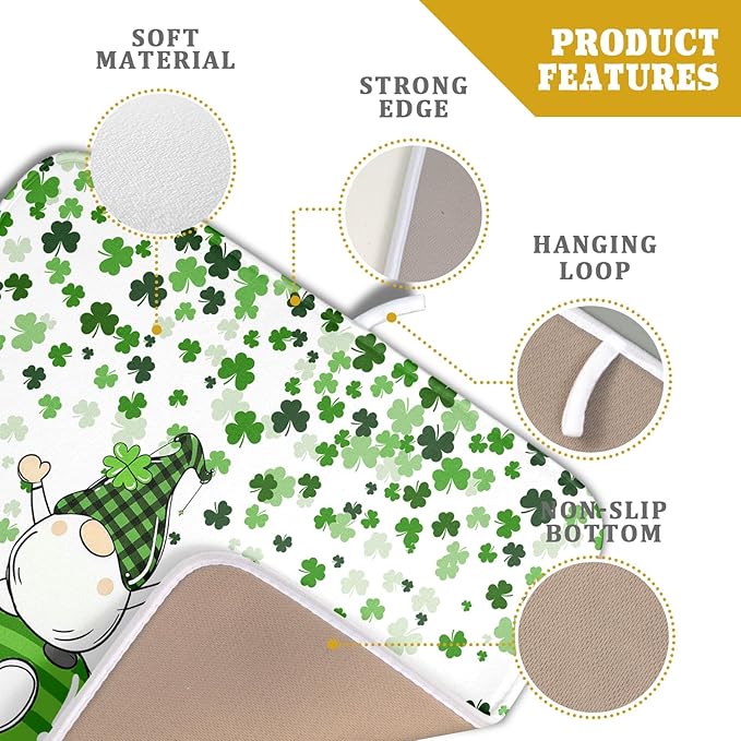 St Patrick's Day Gnomes Love Dish Drying Mat for Kitchen Counter,Green Shamrock Clovers Drying Mat 16 x 18 Inch with High Absorbent Microfiber Drainer Mat for Coffee Bar