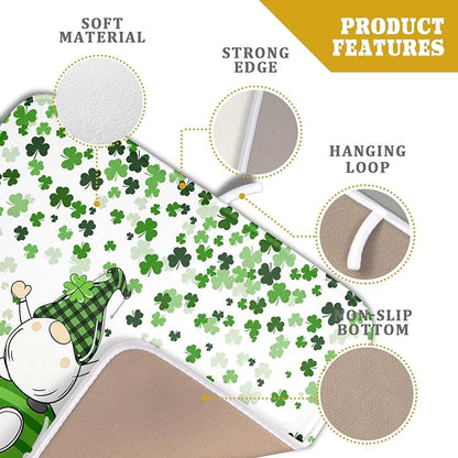 St Patrick's Day Gnomes Love Dish Drying Mat for Kitchen Counter,Green Shamrock Clovers Drying Mat 16 x 18 Inch with High Absorbent Microfiber Drainer Mat for Coffee Bar