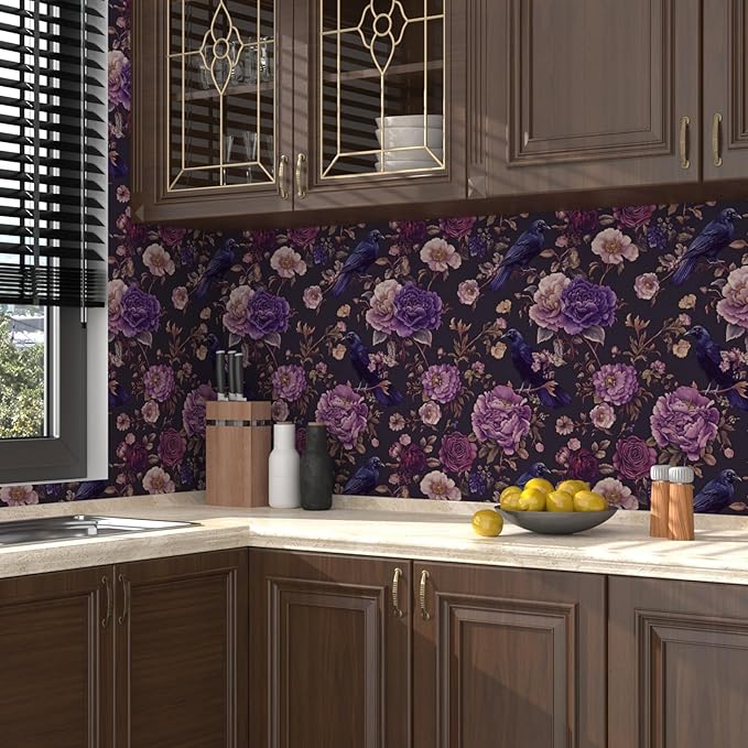Crow Wallpaper Peel and Stick, Dark Purple Raven Bird Floral Contact Paper, Vintage Witchy Goth Wall Paper Self Adhesive Removable Waterproof for Bathroom Shelf Cabinet Drawer Table 17.5" x 118"