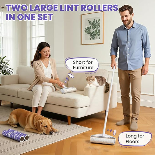 Two Large Lint Roller Set for Pet Hair: DELOMO 9.45” Extra-Wide Sticky Rollers - Long Handle for Floors & Carpets and Short Handle for Couches & Furniture - 360 Sheets Total - for Multi-Pet Homes