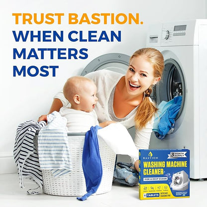 Bastion Washing Machine Cleaner, Deodorizer, & Descaler 6-Pack - Active Deep Cleaning Tablets For HE Front Loader & Top Load Washer, Septic Safe Eco-Friendly - 3 Month Supply