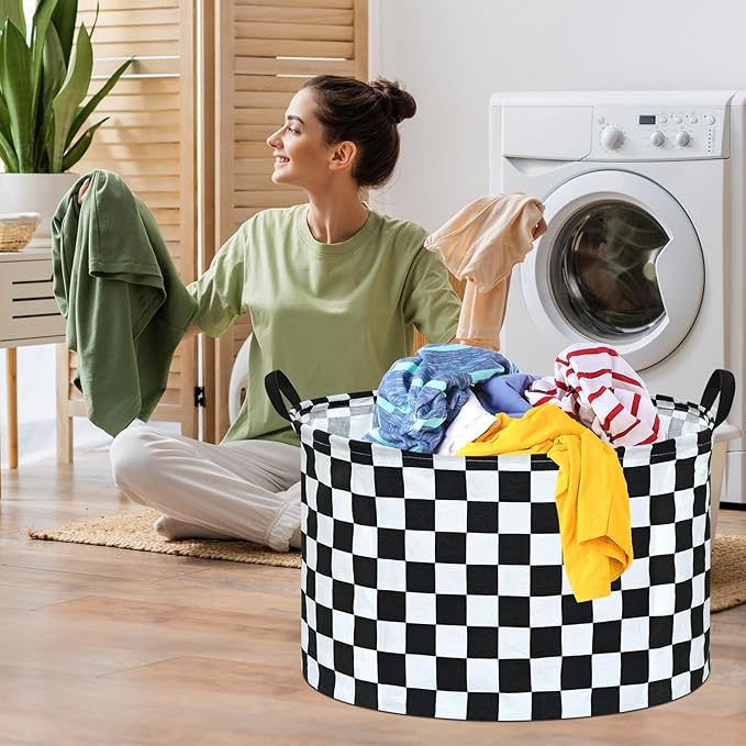 Checkered Storage Basket Extra Large 80L Kids Hamper Baby Laundry Basket Waterproof Toys Car Organizer Collapsible Canvas for Home/Dorm/Pet/Office/Closet/Shelf/Gift Baskets